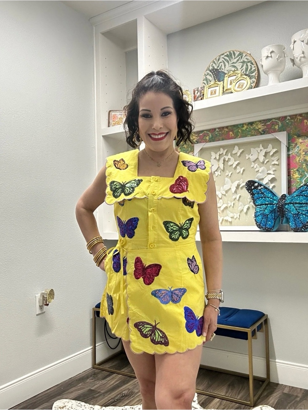 QUEEN OF SPARKLES Yellow Butterfly Embroidered Sleeveless Romper